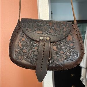 Floral Embossed Brown Leather Bag